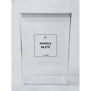 Papír MANDLE PLÁTKY – průhledná samolepka na dózu, tučné písmo, 5 x 5 cm | DomaLEP