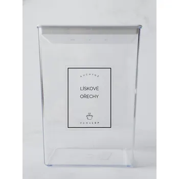 Samolepící etiketa LÍSKOVÉ OŘECHY MLETÉ – průhledná samolepka na dózu, základní písmo, 6 x 8 cm | DomaLEP