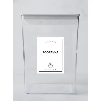 Samolepící etiketa PODRAVKA – bílá samolepka na dózu, tučné písmo, 6 x 8 cm | DomaLEP