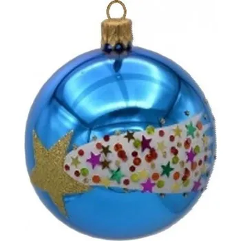 Vánoční ozdoba Kulatá ozdoba, motiv kometa s flitry, skleněná, průměr 7 cm, světle modrý lesk