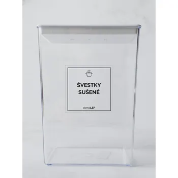 Speciální papír ŠVESTKY SUŠENÉ – průhledná samolepka na dózu, tučné písmo, 5 x 5 cm | DomaLEP