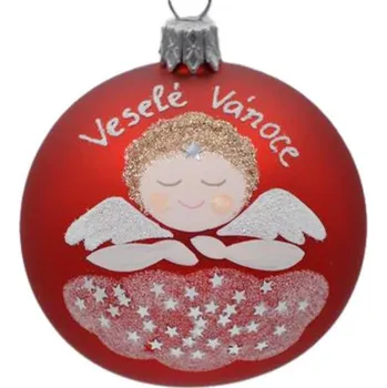 Vánoční ozdoba Kulatá ozdoba, motiv anděl + nápis Veselé Vánoce, skleněná, průměr 7 cm, červený mat