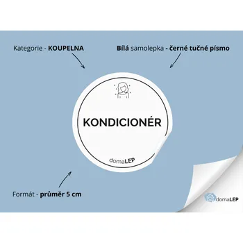 KONDICIÓNER - Samolepky, Nálepky a Štítky na lahvičky | DomaLEP tvar: KOLEČKO, barva: BÍLÁ - ČERNÉ písmo, velikost: Ø 5 cm - tučné písmo