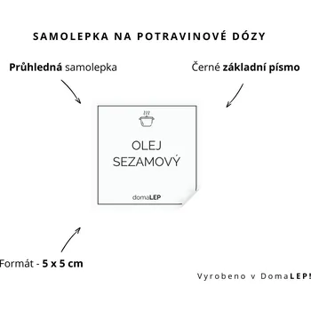 Dóza na potraviny OLEJ SEZAMOVÝ - omyvatelná samolepka na dózu, výběr rozměrů Ø 5 cm / 5 x 5 cm / 6 x 8 cm | DomaLEP tvar: ČTVEREC, barva: PRŮHLEDNÁ - ČERNÉ písmo, velikost: š. 5 cm x v. 5 cm - základní písmo