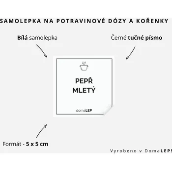 Papír PEPŘ MLETÝ - omyvatelná samolepka na kořenky, výběr rozměrů Ø 5 cm / 5 x 5 cm / 6 x 8 cm | DomaLEP tvar: ČTVEREC, barva: BÍLÁ - ČERNÉ písmo, velikost: š. 5 cm x v. 5 cm - tučné písmo