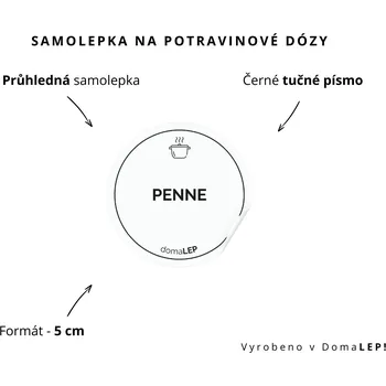 Dóza na potraviny PÍSMENKA - omyvatelná samolepka na dózu, výběr rozměrů Ø 5 cm / 5 x 5 cm / 6 x 8 cm | DomaLEP tvar: KOLEČKO, barva: PRŮHLEDNÁ - ČERNÉ písmo, velikost: Ø 5 cm - tučné písmo