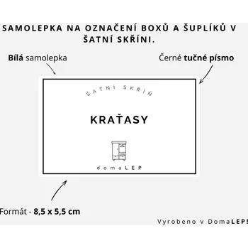 Organizér oblečení KRAŤASY - Samolepka na šuplíky a boxy do šatní skříně, 8,5 x 5,5 cm - DomaLEP varianta: SAMOLEPKA, barva: BÍLÁ - ČERNÉ písmo, velikost: š. 8,5 cm x v. 5,5 cm - tučné písmo