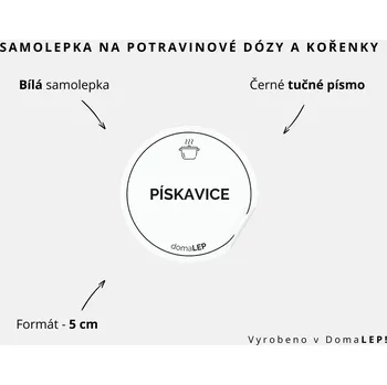Samolepící etiketa PÍSKAVICE - omyvatelná samolepka na kořenky, výběr rozměrů Ø 5 cm / 5 x 5 cm / 6 x 8 cm | DomaLEP tvar: KOLEČKO, barva: BÍLÁ - ČERNÉ písmo, velikost: Ø 5 cm - tučné písmo
