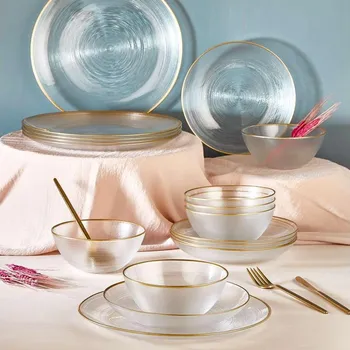 Jídelní sada 18 ks čirá/zlatá/sklo