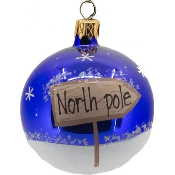 Vánoční ozdoba Kulatá ozdoba, motiv cedule North pole, skleněná, průměr 7 cm, modrý lesk