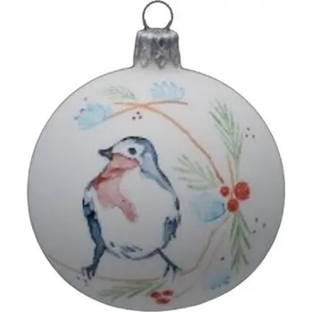 Vánoční ozdoba Kulatá ozdoba, motiv ptáček na větvi, skleněná, průměr 7 cm, bílý mat