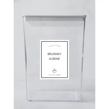Samolepící etiketa BRUSINKY SUŠENÉ – bílá samolepka na dózu, základní písmo, 6 x 8 cm | DomaLEP