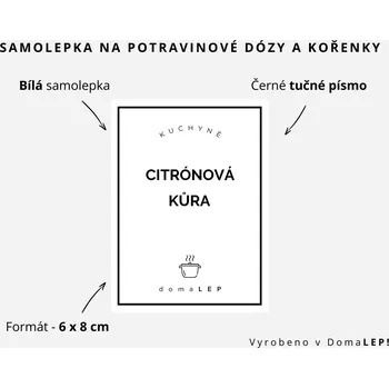Samolepící etiketa CITRÓNOVÁ KŮRA - omyvatelná samolepka na kořenky, výběr rozměrů Ø 5 cm / 5 x 5 cm / 6 x 8 cm | DomaLEP tvar: OBDÉLNÍK, barva: BÍLÁ - ČERNÉ písmo, velikost: š. 6 cm x v. 8 cm - tučné písmo