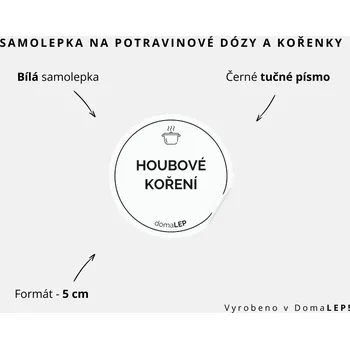 Samolepící etiketa HOUBOVÉ KOŘENÍ - omyvatelná samolepka na kořenky, výběr rozměrů Ø 5 cm / 5 x 5 cm / 6 x 8 cm | DomaLEP tvar: KOLEČKO, barva: BÍLÁ - ČERNÉ písmo, velikost: Ø 5 cm - tučné písmo