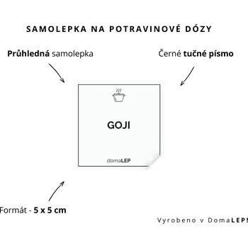 Dóza na potraviny GOJI - omyvatelná samolepka na dózu, výběr rozměrů Ø 5 cm / 5 x 5 cm / 6 x 8 cm | DomaLEP tvar: ČTVEREC, barva: PRŮHLEDNÁ - ČERNÉ písmo, velikost: š. 5 cm x v. 5 cm - tučné písmo