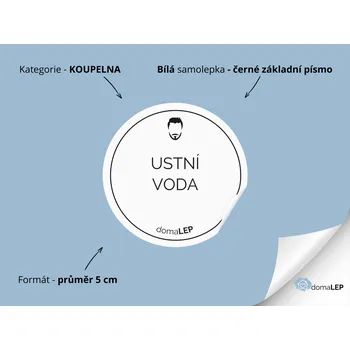 ÚSTNÍ VODA (MUŽ) - Samolepky, Nálepky a Štítky na lahvičky | DomaLEP tvar: KOLEČKO, barva: BÍLÁ - ČERNÉ písmo, velikost: Ø 5 cm - základní písmo