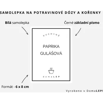Speciální papír PAPRIKA GULÁŠOVÁ - omyvatelná samolepka na kořenky, výběr rozměrů Ø 5 cm / 5 x 5 cm / 6 x 8 cm | DomaLEP tvar: OBDÉLNÍK, barva: BÍLÁ - ČERNÉ písmo, velikost: š. 6 cm x v. 8 cm – základní písmo