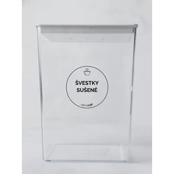 Samolepící etiketa ŠVESTKY SUŠENÉ – průhledná samolepka na dózu, tučné písmo, 5 cm | DomaLEP