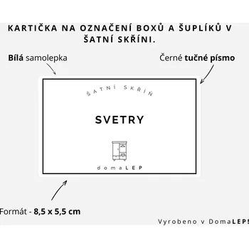 Organizér oblečení SVETRY - Kartička na šuplíky a boxy do šatní skříně, 8,5 x 5,5 cm - DomaLEP barva: BÍLÁ - ČERNÉ písmo, velikost: š. 8,5 cm x v. 5,5 cm - tučné písmo