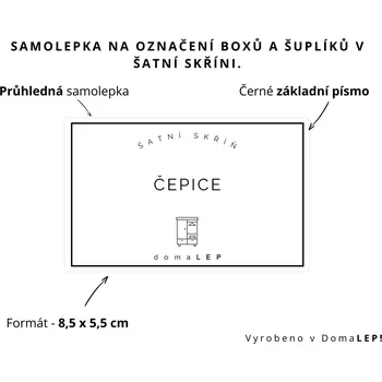 Organizér oblečení ČEPICE - Samolepka na šuplíky a boxy do šatní skříně, 8,5 x 5,5 cm -| DomaLEP varianta: SAMOLEPKA, barva: PRŮHLEDNÁ - ČERNÉ písmo, velikost: š. 8,5 cm x v. 5,5 cm - základní písmo