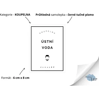 ÚSTNÍ VODA (MUŽ) - Samolepky, Nálepky a Štítky na lahvičky | DomaLEP tvar: OBDÉLNÍK, barva: PRŮHLEDNÁ - ČERNÉ písmo, velikost: š. 6 cm x v. 8 cm - tučné písmo