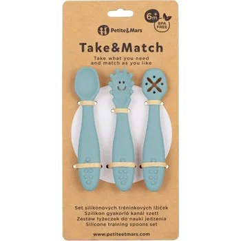 dětská jídelní sada PETITE&MARS Set 3 ks silikonových tréninkových lžiček Take&Match Frosted Sky 6m+