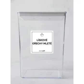 Samolepící etiketa LÍSKOVÉ OŘECHY – bílá samolepka na dózu, tučné písmo, 5 x 5 cm | DomaLEP
