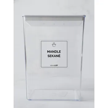 Samolepící etiketa MANDLE SEKANÉ – průhledná samolepka na dózu, tučné písmo, 5 x 5 cm | DomaLEP
