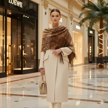 Rukavice Kašmírová Versoli velká dámská módní šála hnědá REC-73 (Dámské šátky a šály )