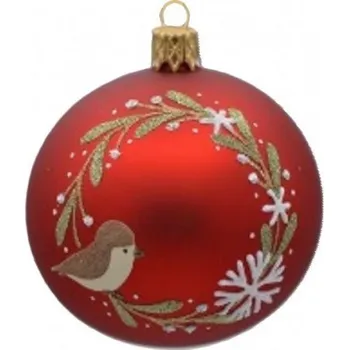 Vánoční ozdoba Kulatá ozdoba, motiv ptáček na věnci, skleněná, průměr 7 cm, červený mat