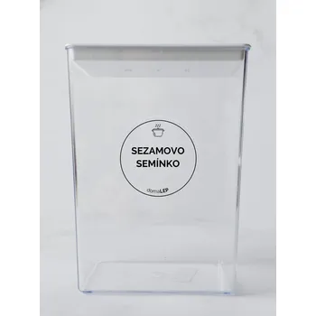 Samolepící etiketa SEZAMOVO SEMÍNKO – průhledná samolepka na dózu, tučné písmo, 5 cm | DomaLEP