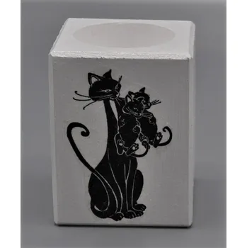 Svícen Dřevěný svícen na čajovou svíčku, Kočičí svět II (Svícen kočka, s kočkou, CARMANI)