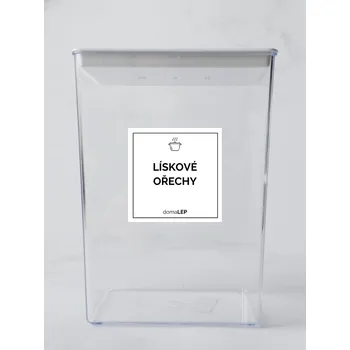 Samolepící etiketa LÍSKOVÉ OŘECHY MLETÉ – bílá samolepka na dózu, tučné písmo, 5 x 5 cm | DomaLEP