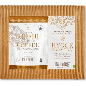 Káva Dárkový balíček REISHI zrnková káva 100g a bylinný čaj s Reishi 16ks Ra Hygge BIO dárkový balíček REISHI