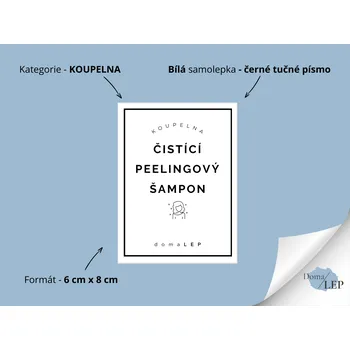 ČISTÍCÍ PEELINGOVÝ ŠAMPON (ŽENA) - Samolepky, Nálepky a Štítky na lahvičky | DomaLEP tvar: OBDÉLNÍK, barva: BÍLÁ - ČERNÉ písmo, velikost: š. 6 cm x v. 8 cm - tučné písmo