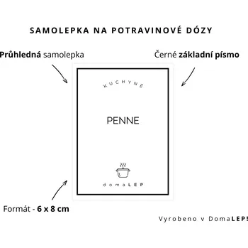 Dóza na potraviny PÍSMENKA - omyvatelná samolepka na dózu, výběr rozměrů Ø 5 cm / 5 x 5 cm / 6 x 8 cm | DomaLEP tvar: OBDÉLNÍK, barva: PRŮHLEDNÁ - ČERNÉ písmo, velikost: š. 6 cm x v. 8 cm – základní písmo