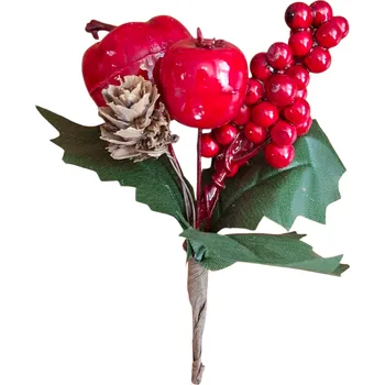 Velikonoční dekorace Vánoční větvička s šiškou, jablíčkem a červenými bobulemi a cesmínou 14cm