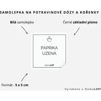 Papír PAPRIKA UZENÁ - omyvatelná samolepka na kořenky, výběr rozměrů Ø 5 cm / 5 x 5 cm / 6 x 8 cm | DomaLEP tvar: ČTVEREC, barva: BÍLÁ - ČERNÉ písmo, velikost: š. 5 cm x v. 5 cm - základní písmo