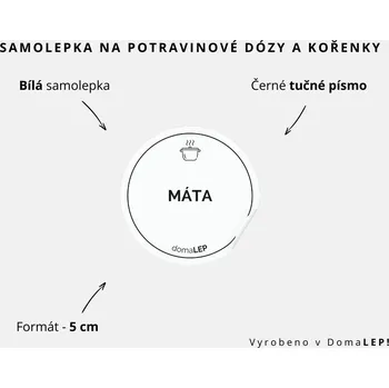 Speciální papír MÁTA - omyvatelná samolepka na kořenky, výběr rozměrů Ø 5 cm / 5 x 5 cm / 6 x 8 cm | DomaLEP tvar: KOLEČKO, barva: BÍLÁ - ČERNÉ písmo, velikost: Ø 5 cm - tučné písmo