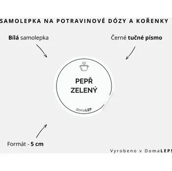 Papír PEPŘ ZELENÝ - omyvatelná samolepka na kořenky, výběr rozměrů Ø 5 cm / 5 x 5 cm / 6 x 8 cm | DomaLEP tvar: KOLEČKO, barva: BÍLÁ - ČERNÉ písmo, velikost: Ø 5 cm - tučné písmo
