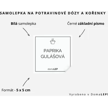 Samolepící etiketa PAPRIKA GULÁŠOVÁ - omyvatelná samolepka na kořenky, výběr rozměrů Ø 5 cm / 5 x 5 cm / 6 x 8 cm | DomaLEP tvar: ČTVEREC, barva: BÍLÁ - ČERNÉ písmo, velikost: š. 5 cm x v. 5 cm - základní písmo