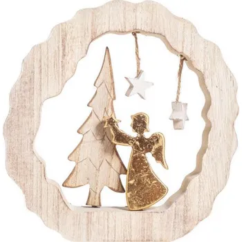 Vánoční dekorace Anděl a strom na kruhovém podstavci, rozměr 21 x 4 cm, bílo - zlatý