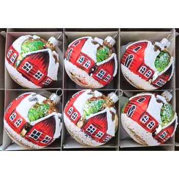 Vánoční ozdoba Vánoční skleněné koule 7cm, zlatý lesk, zimní dekor s domky, 6ks