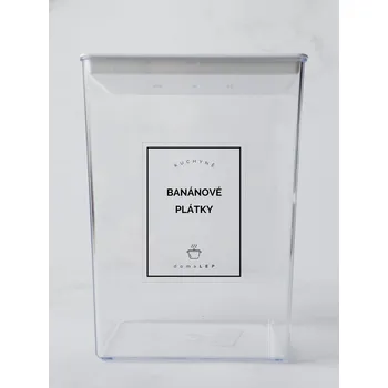 Samolepící etiketa BANÁNOVÉ PLÁTKY – průhledná samolepka na dózu, tučné písmo, 6 x 8 cm | DomaLEP