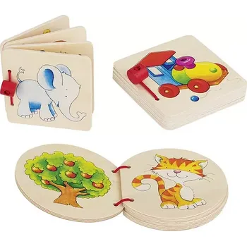 Výuková hračka Goki Obrázková knížka pro nejmenší - slon, dům, lokomotiva