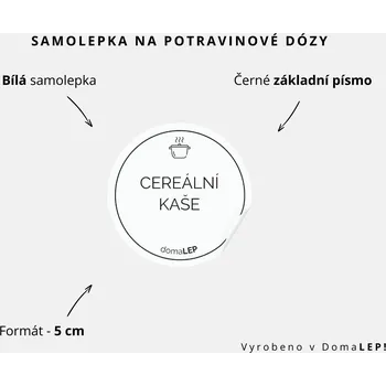 Samolepící etiketa CEREÁLNÍ KAŠE - omyvatelná samolepka na dózu, výběr rozměrů Ø 5 cm / 5 x 5 cm / 6 x 8 cm | DomaLEP tvar: KOLEČKO, barva: BÍLÁ - ČERNÉ písmo, velikost: Ø 5 cm - základní písmo