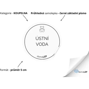 ÚSTNÍ VODA (DĚTSKÁ) - Samolepky, Nálepky a Štítky na lahvičky | DomaLEP tvar: KOLEČKO, barva: PRŮHLEDNÁ - ČERNÉ písmo, velikost: Ø 5 cm - základní písmo