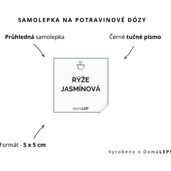 Dóza na potraviny RÝŽE JASMÍNOVÁ - omyvatelná samolepka na dózu, výběr rozměrů Ø 5 cm / 5 x 5 cm / 6 x 8 cm | DomaLEP tvar: ČTVEREC, barva: PRŮHLEDNÁ - ČERNÉ písmo, velikost: š. 5 cm x v. 5 cm - tučné písmo