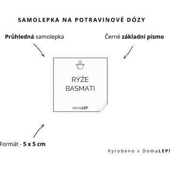Dóza na potraviny RÝŽE BASMATI - omyvatelná samolepka na dózu, výběr rozměrů Ø 5 cm / 5 x 5 cm / 6 x 8 cm | DomaLEP tvar: ČTVEREC, barva: PRŮHLEDNÁ - ČERNÉ písmo, velikost: š. 5 cm x v. 5 cm - základní písmo