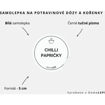 Samolepící etiketa CHILLI PAPRIČKY - omyvatelná samolepka na kořenky, výběr rozměrů Ø 5 cm / 5 x 5 cm / 6 x 8 cm | DomaLEP tvar: KOLEČKO, barva: BÍLÁ - ČERNÉ písmo, velikost: Ø 5 cm - tučné písmo